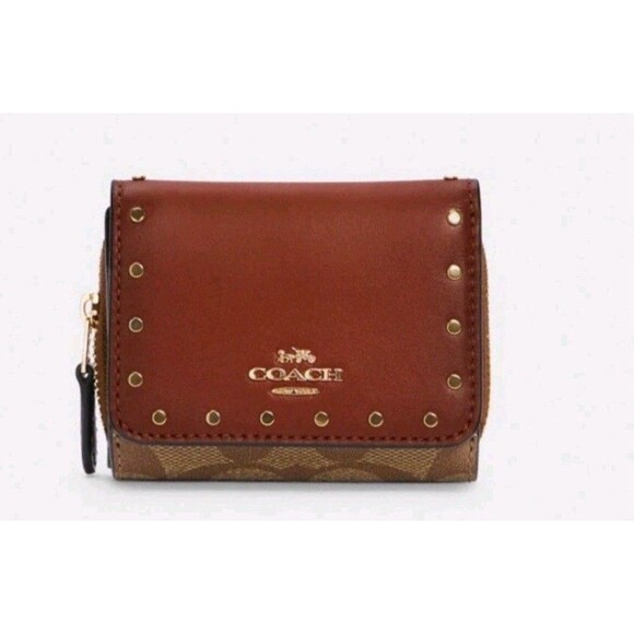 COACH Small Trifold Riley Riveted Wallet Signature Canvas, Logo, Brown Zip - Picture 4 of 5